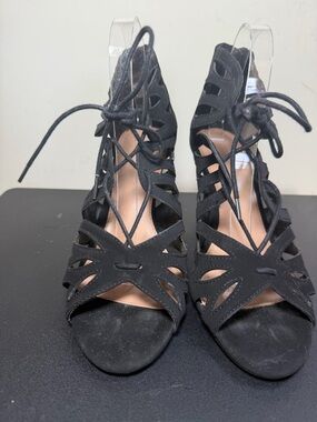 Christian Siriano Black Lace-Up Cutout Heeled Sandals